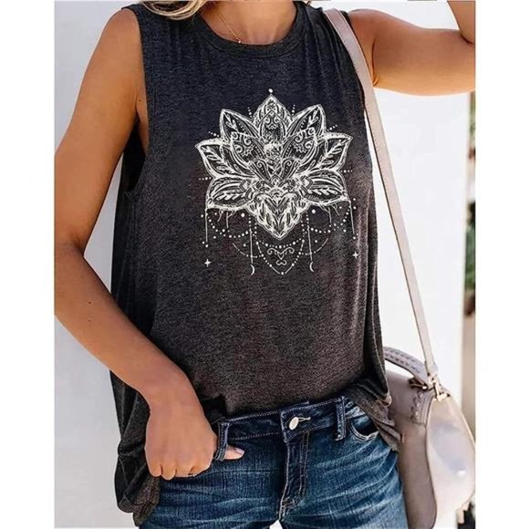 Boho Lotus Flower Printed Wide Racerback Graphic Tee Tank Top Cami T Shirt Yoga - Picture 3 of 10